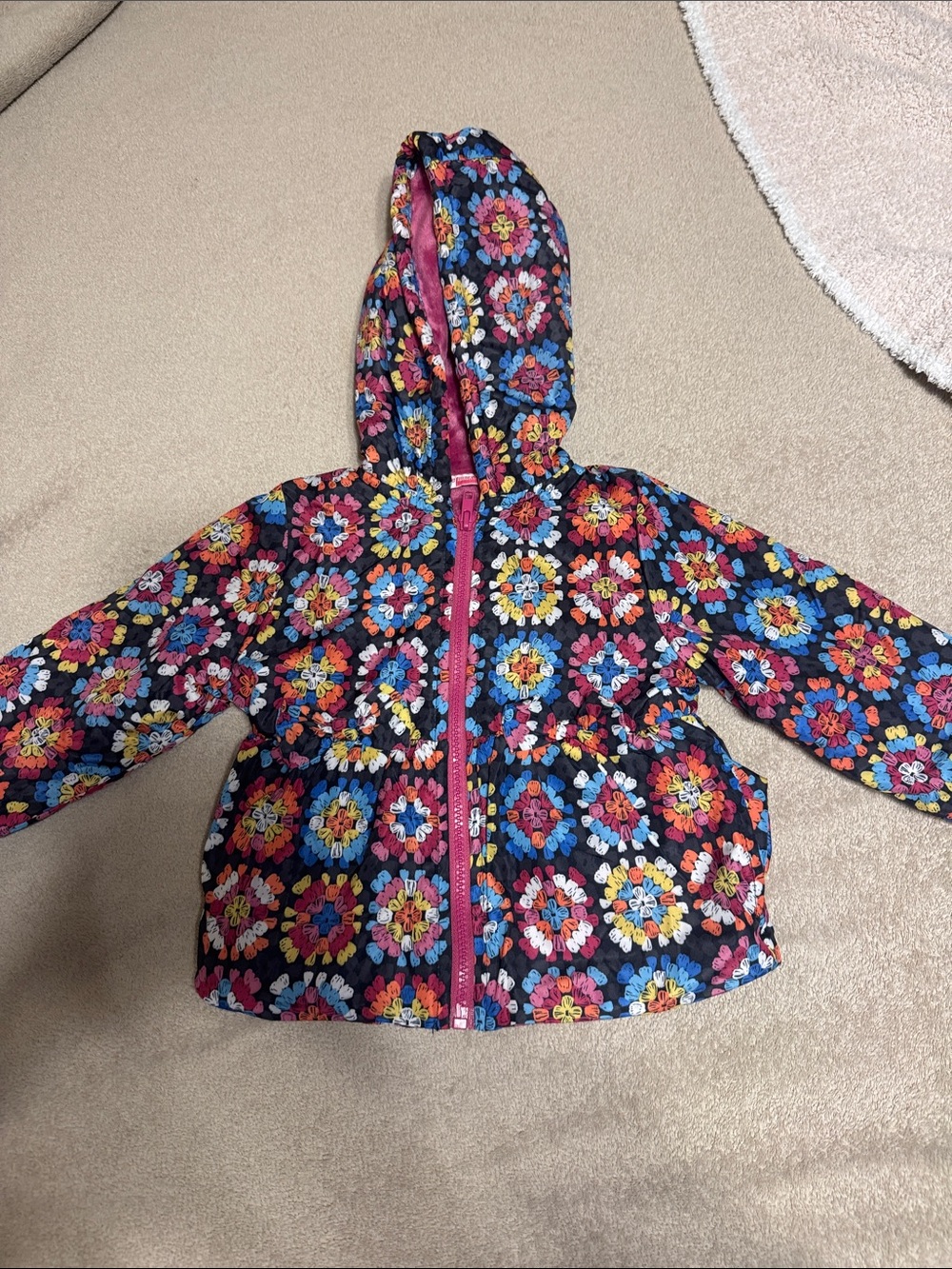 Penelope Mack Kids Hooded Floral Puff Jacket - Black with Pink Trim